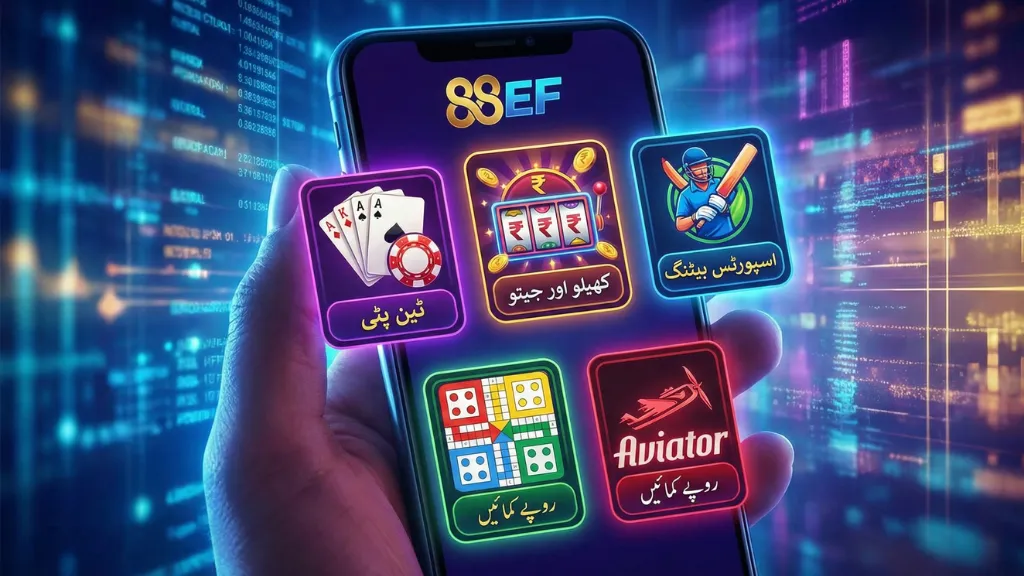 Image of App Interface: 88EF Game home screen showing game categories and wallet balance in PKR.